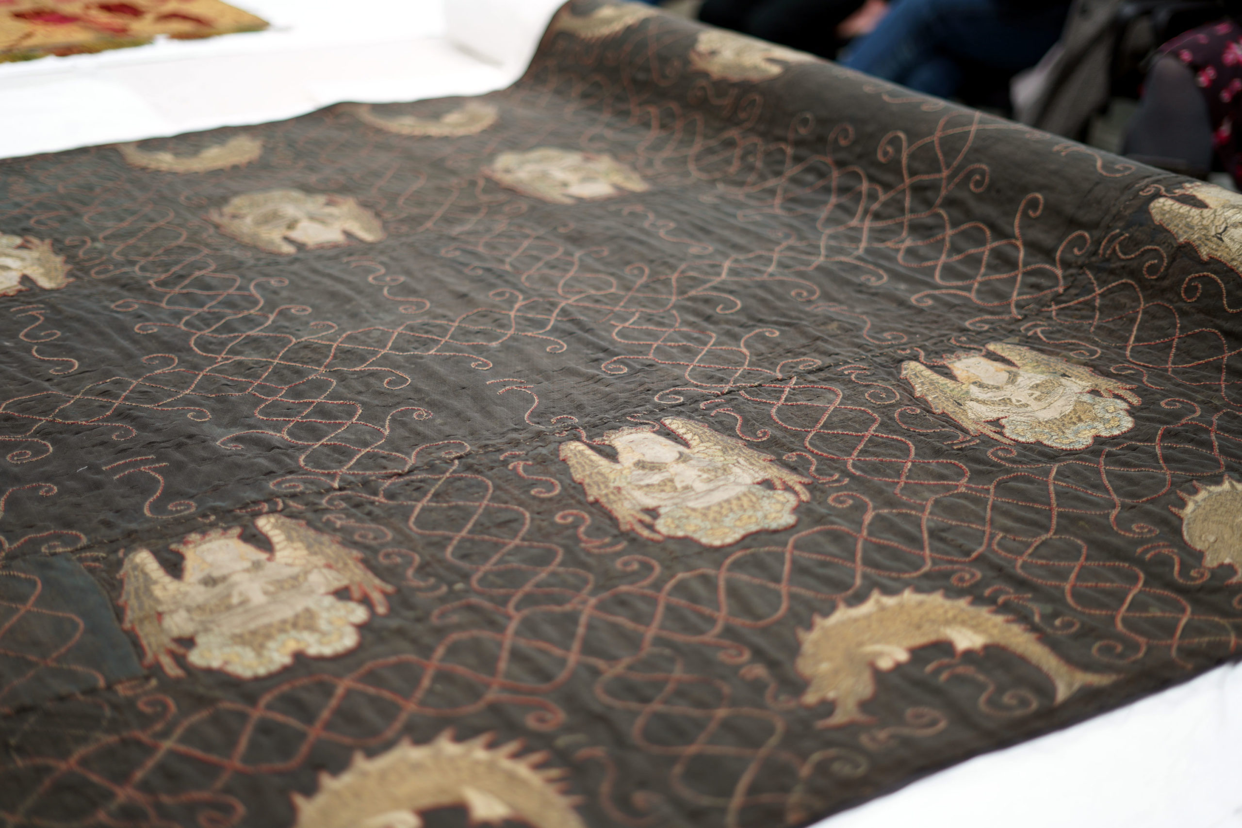 Dark grey-brown Funeral Pall from St Gregory's, Norwich, circa 1500-1515, embroidered with fish and angels